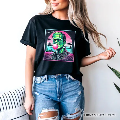 Vista 4 de Vaperwave Frankenstein - Camiseta de terror neón retro de los años 80 de Synthwave