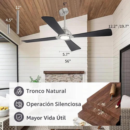 Vista 3 de WINGBO Ventilador de techo CC de 56 pulgadas con luces y control remoto, 4 aspas de madera maciza, 3CCT, motor CC reversible de 6 velocidades Níquel
