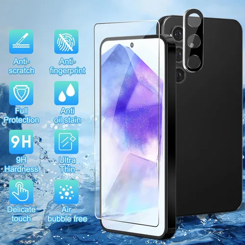 Vista 2 de Protector de pantalla de vidrio para Samsung Galaxy A55 con protector de lente de cámara, curvado 3D, 6.6 pulgadas 2024 9H vidrio templado