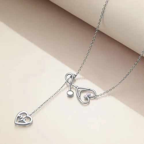 Vista 2 de Yfn Collar con dije de estetoscopio, con diseño del caduceo médico, de plata esterlina, de 18.0 pulgadas