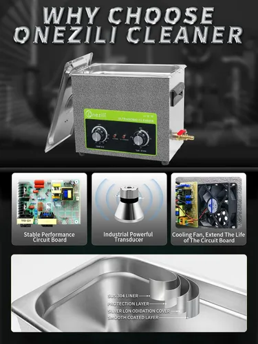 Vista 2 de ONEZILI Limpiador Ultrasónico, limpiador de piezas de 6L con tiempo y temperatura ajustables, máquina ultrasónica de alta potencia de 180W, limpieza