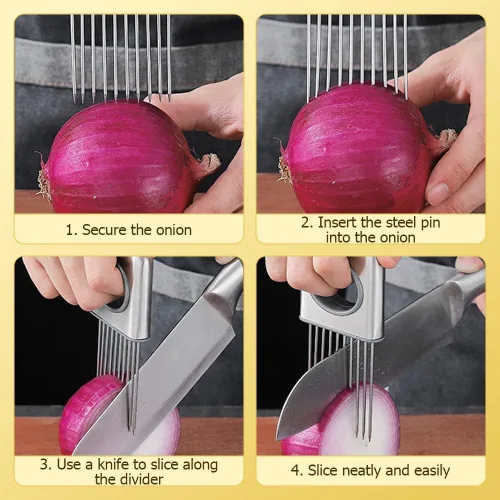 Vista 4 de Nuevo soporte para rebanar cebolla, soporte de cebolla de acero inoxidable para cortar verduras cortador de papa y tomate, herramienta asistente
