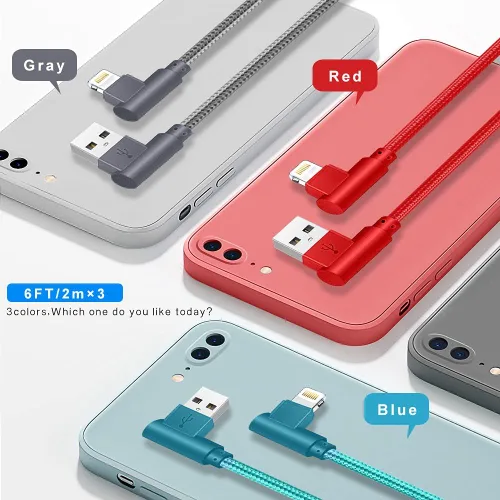 Vista 5 de SHUSEL Cable de carga para iPhone, cable Lightning de ángulo recto, paquete de 3 cables de carga trenzados de nailon de 90 grados y 6 pies, de carga