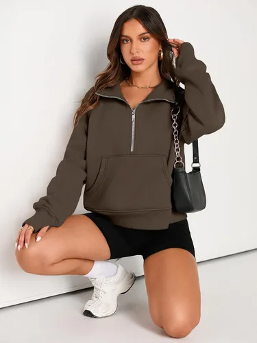 Vista 4 de AUTOMET Sudaderas con media cremallera para mujer, sudadera corta de vellón con cremallera de un cuarto, sudaderas con capucha para el otoño, a