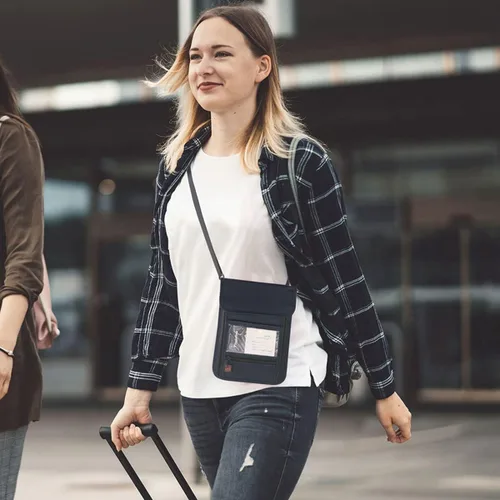 Vista 9 de Cartera con bloqueo RFID para pasaporte con bolsa de almacenamiento para el cuello para tarjeta de identificación de crédito de seguridad de viaje