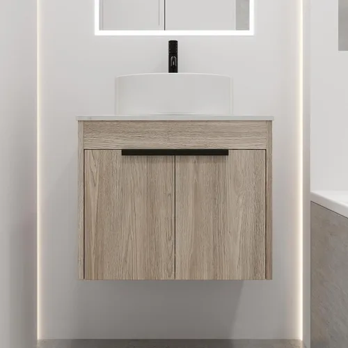 Vista 16 de Armario de tocador de baño de 24 pulgadas, tocador de baño flotante con lavabo de cerámica, moderno juego de tocador de baño colgante de roble