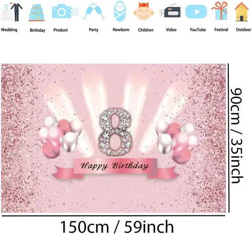 Vista 2 de Decoraciones de feliz cumpleaños número 8 para niñas, pancarta de fondo, decoración de fiesta, cartel de tela, fondo de foto rosa para suministros