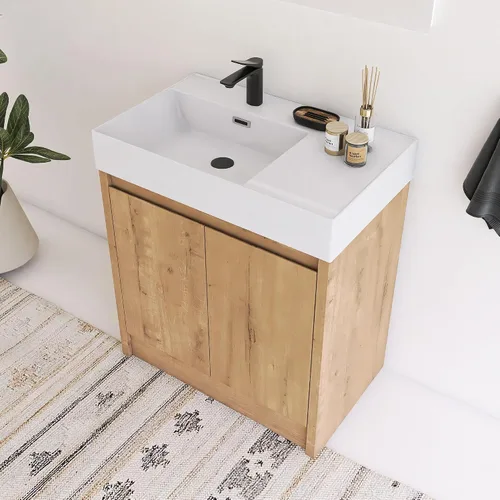 Vista 13 de Tocador de baño pequeño de 16 pulgadas con lavabo, tocador de baño independiente de 16" para espacios pequeños, gabinete de madera contrachapada