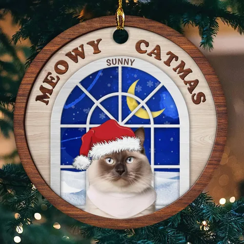 Vista 2 de Meowy Catmas - Divertido sombrero de Papá Noel con foto de gato, adorno de Navidad personalizado, regalos para gato, mamá, papá, lindo árbol