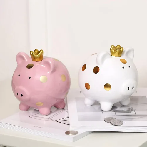 Vista 7 de Hucha de cerámica de dibujos animados, corona de cerdo, moneda, caja de dinero, caja de ahorro de monedas para adultos, niños y niñas (rosa)