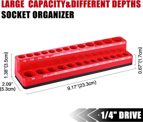 Vista 2 de Soporte magnético de 2 piezas para llaves de vaso – Bandeja métrica SAE de 1/4 de pulgada para almacenamiento de herramientas – Capacidad para 52