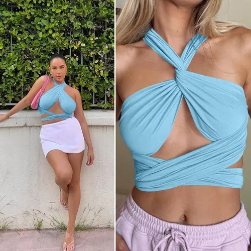 Vista 3 de ZAFUL - Ombliguera cruzada estilo halter de tejido acanalado para mujer camiseta sin mangas tipo con diseño fruncido y con lazos