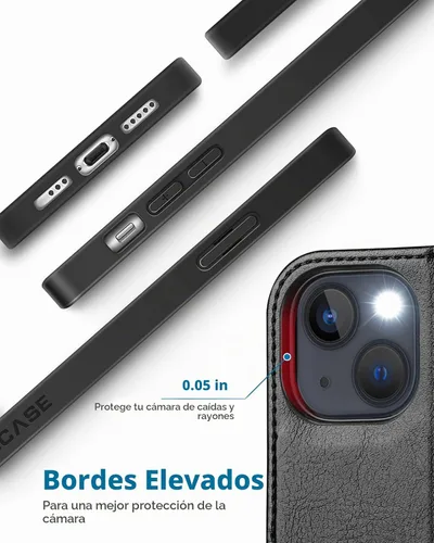 Vista 5 de OCASE Funda tipo cartera compatible con iPhone 13, de piel sintética con tapa tipo folio, con tarjetero, bloqueo RFID, soporte