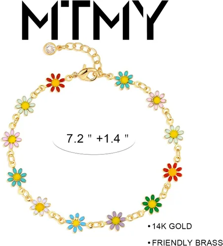 Vista 4 de MTMY Pulsera de cadena de oro para mujer, chapada en oro de 14 quilates, delicada, con cadena ajustable, bonita pulsera de oro de moda