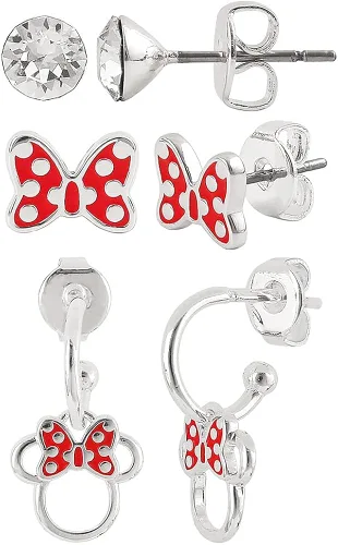 Vista 5 de Disney Minnie and Mickey Mouse Silver Plated Crystal Stud Earring Set 3 Pairs - Officially Licensed
