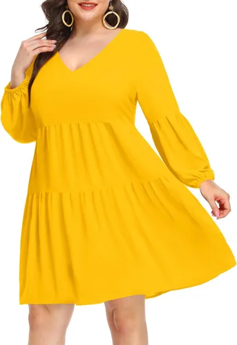 Vista 3 de Pinup Fashion Vestido tipo túnica de otoño para mujer, talla grande, manga larga, cuello en V, casual, holgado, con volantes
