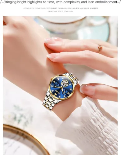 Vista 4 de OLEVS Tourbillon - Relojes automáticos de lujo con diamantes de cuerda automática, reloj de pulsera de acero inoxidable, impermeable, luminoso