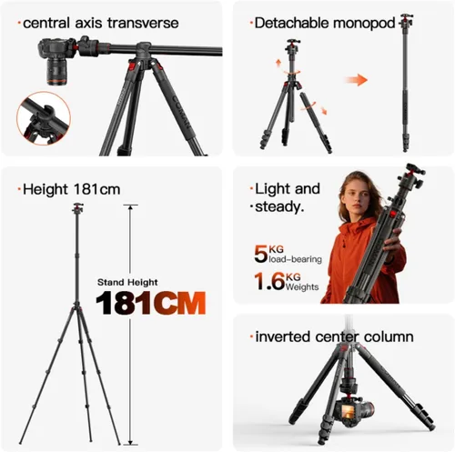 Vista 4 de COMAN Trípode superior de 72 pulgadas, trípode para cámara con columna central y cabeza de bola de 360 grados, monopie desmontable con placa QR