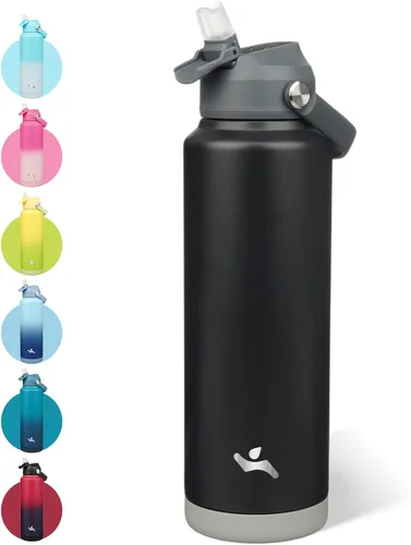 Vista 9 de Konokyo - Botella de agua deportiva aislada de acero inoxidable de 18 onzas con tapa con popote Black; BPA-free, leak-proof sports bottle with