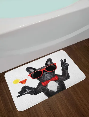 Vista 2 de Lunarable Divertida alfombra de baño, diseño de bulldog francés con texto "Martini", listo para la fiesta de la vida nocturna, felpa, decoración