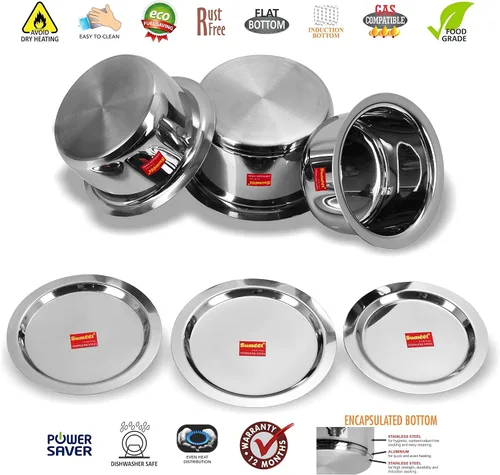Vista 2 de Sumeet Juego de utensilios de cocina de acero inoxidable con tapa, 1 litro a 1.7 L, 3 piezas (acero)