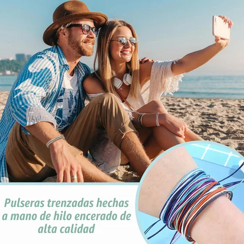 Vista 8 de Brazaletes impermeables de cuerda, para verano, con ola, brazalete para amistad, hecho a mano, para niña A-16 pulseras de cuerda