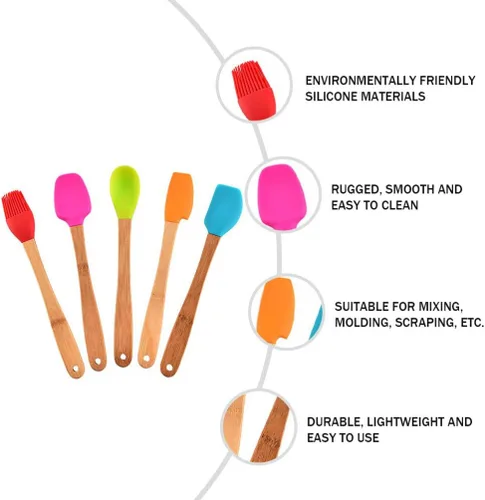 Vista 2 de DOITOOL Juego de 5 espátulas de silicona, resistentes al calor con mango de madera, utensilios de cocina antiadherentes con cepillo para untar