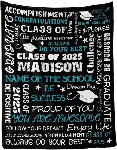 Vista 26 de MyPupSocks Manta personalizada de graduación 2025, clase de con nombre de la universidad, regalos personalizados, manta con texto para sobrina