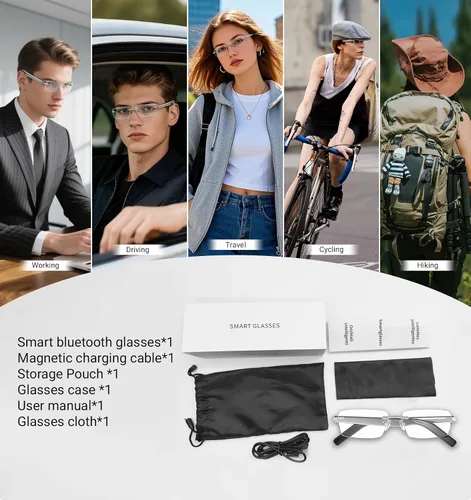 Vista 8 de Lentes inteligentes, lentes fotocromáticos Bluetooth sin montura con altavoz y micrófono de sonido HD de oreja abierta, protección UV400, control