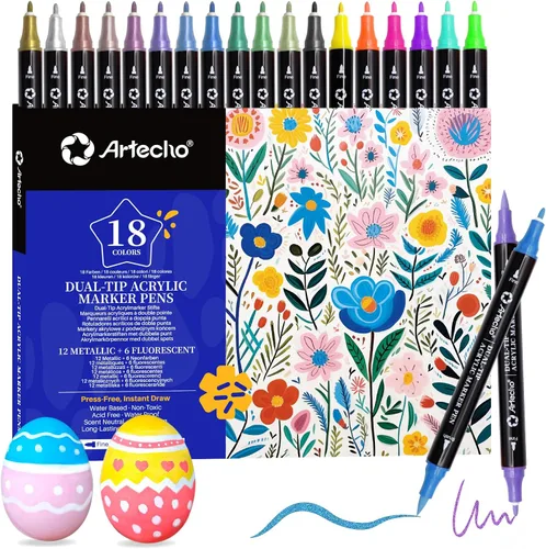 Vista 12 de Artecho Bolígrafos de pintura con purpurina, 12 colores acrílicos con purpurina con punta extra fina de 0.028 in para pintura de rocas, piedra