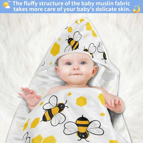 Vista 5 de Honey Bees - Toalla de baño para niños y niñas, color amarillo, abejorro, colmena, con capucha, toallas para recién nacidos, de algodón orgánico