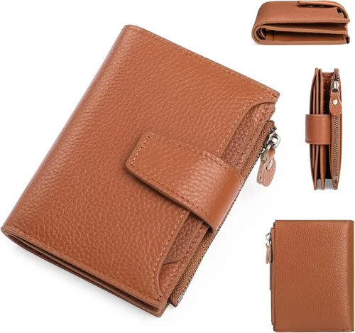 Vista 12 de Carteras de cuero para mujer con bloqueo RFID, billetera delgada, plegable, tarjetero con cremallera, bolsillo para monedas, ventana