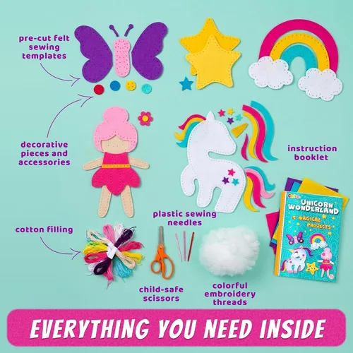 Vista 3 de Kit de Costura de Unicornio Mágico para Niñas de 7+ - Crea 5 Adorables Animales de Fieltro y una Almohada Acogedora - Manualidades DIY Divertidas