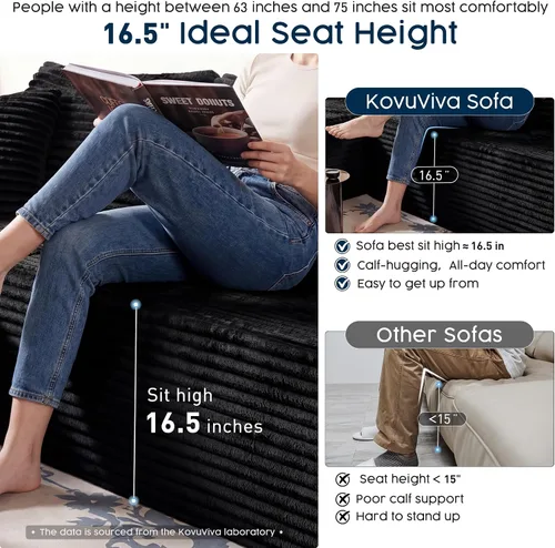 Vista 5 de Sofá modular negro de 108 pulgadas con otomana, sofá en forma de U en forma de nube para sala de estar, no necesita montaje, tela de pana de felpa