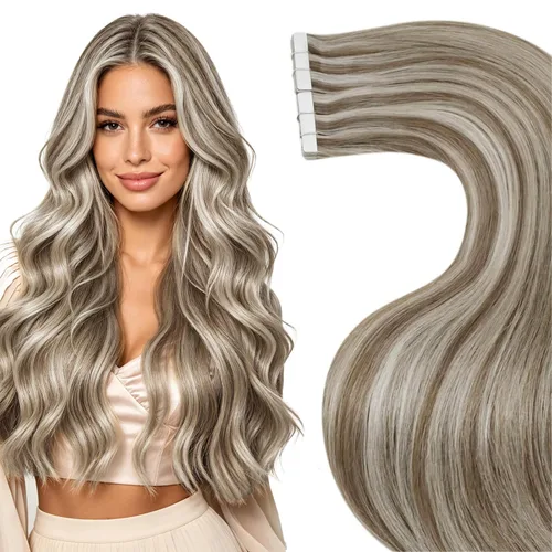 Vista 52 de LaaVoo - Extensiones de cabello humano con cinta adhesiva, color marrón a rubio ceniza, extensiones de cabello humano real, cintas en extensiones