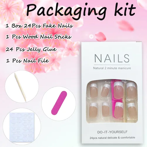 Vista 6 de 24 uñas postizas a presión con punta francesa, cuadradas, medianas, con brillantina, con diseño de degradado blanco, uñas postizas reutilizables