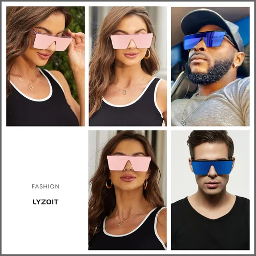 Vista 5 de LYZOIT Lentes de sol cuadrados de gran tamaño para mujeres y hombres, parte superior plana grande, protección UV, sombras sin montura