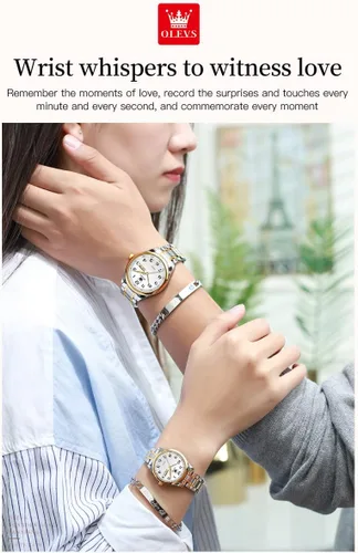 Vista 46 de OLEVS Juego de 2 relojes de cuarzo para parejas de San Valentín, calendario luminoso, ventana de fecha, 3 ATM, impermeable, casual, acero