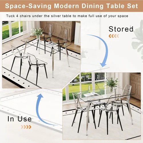 Vista 3 de Juego de mesa de comedor de vidrio Ebullient para 4, mesa de 51" de vidrio templado transparente con patas de metal negro y 4 sillas de acrílico