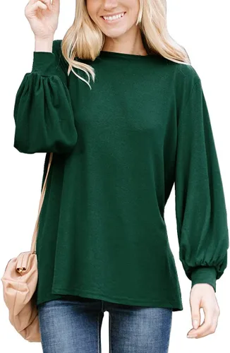 Vista 2 de MAKARTHY - Camisa de manga larga abombada con cuello tipo barco para mujer, camisa estilo túnica