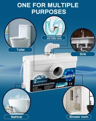 Vista 7 de Bomba de alcantarillado macerador de 600 W - 33 pies/328 pies, flujo de 170 L/minuto para inodoro de sótano, fregadero, ducha, cocina, lavandería, 4