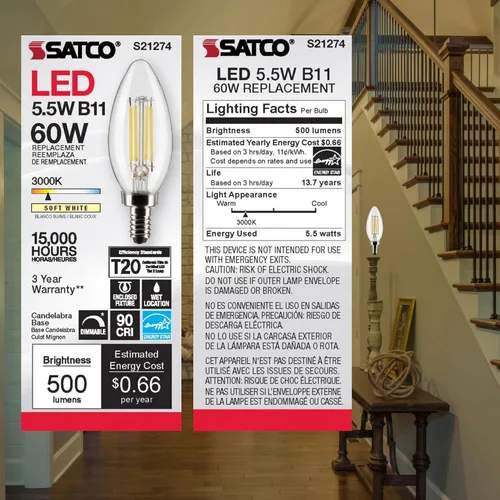 Vista 8 de Satco S21274 LED B11 de 5.5 vatios; transparente; base de candelabro; 90 CRI; 3000 K; 120 voltios (paquete de 2)
