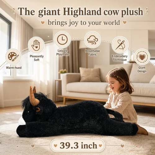 Vista 2 de Peluche de vaca gigante de las tierras altas de 39 pulgadas, juguete de peluche de ganado grande para niños y adultos, almohada de peluche esponjosa