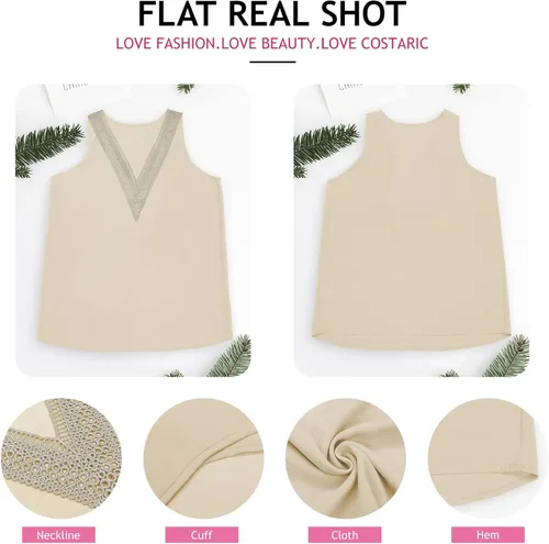 Vista 4 de Camiseta sin mangas con encaje de guipur con cuello en V profundo para mujer, blusa sin mangas