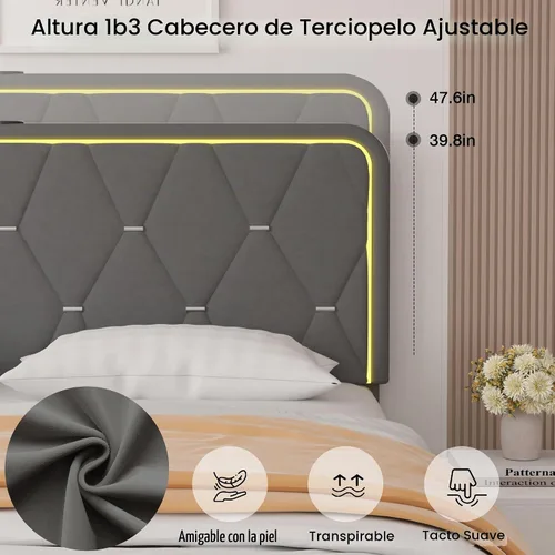 Vista 6 de VECELO Base de cama tamaño Queen tapizada con cabecera ajustable, plataforma de terciopelo con luces LED, estación de carga, base de colchón