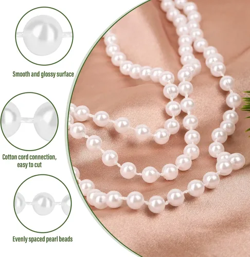 Vista 4 de PAXCOO Guirnalda de perlas blancas, hebras de perlas para decoración de árbol de Navidad, suministros de fiesta de boda