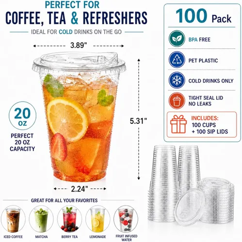 Vista 3 de Oojami 100 Pack 20 oz Clear Plastic Cups with Strawless Sip Lids BPA Free