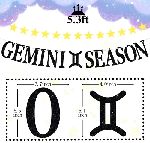 Vista 2 de Cartel de la temporada de Géminis con purpurina negra, letrero de feliz cumpleaños, energía de géminis grande, 12 constelaciones del zodiaco tema