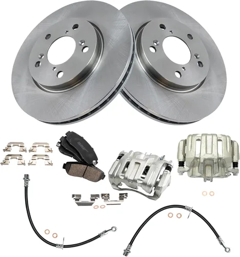 Vista 3 de TRQ Juego de pastillas de freno delanteras y rotores de cerámica, pinzas, mangueras, compatibles con Honda Odyssey 2005-2010