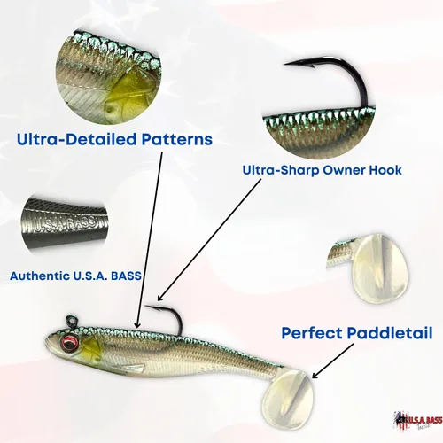 Vista 3 de USA Bass Tackle Patriot Shad - Swimbaits de Cola de Paleta con Aroma Infundido, Señuelos de Pesca Pre-Aparejados, Carnada Premium con Anzuelo Owner